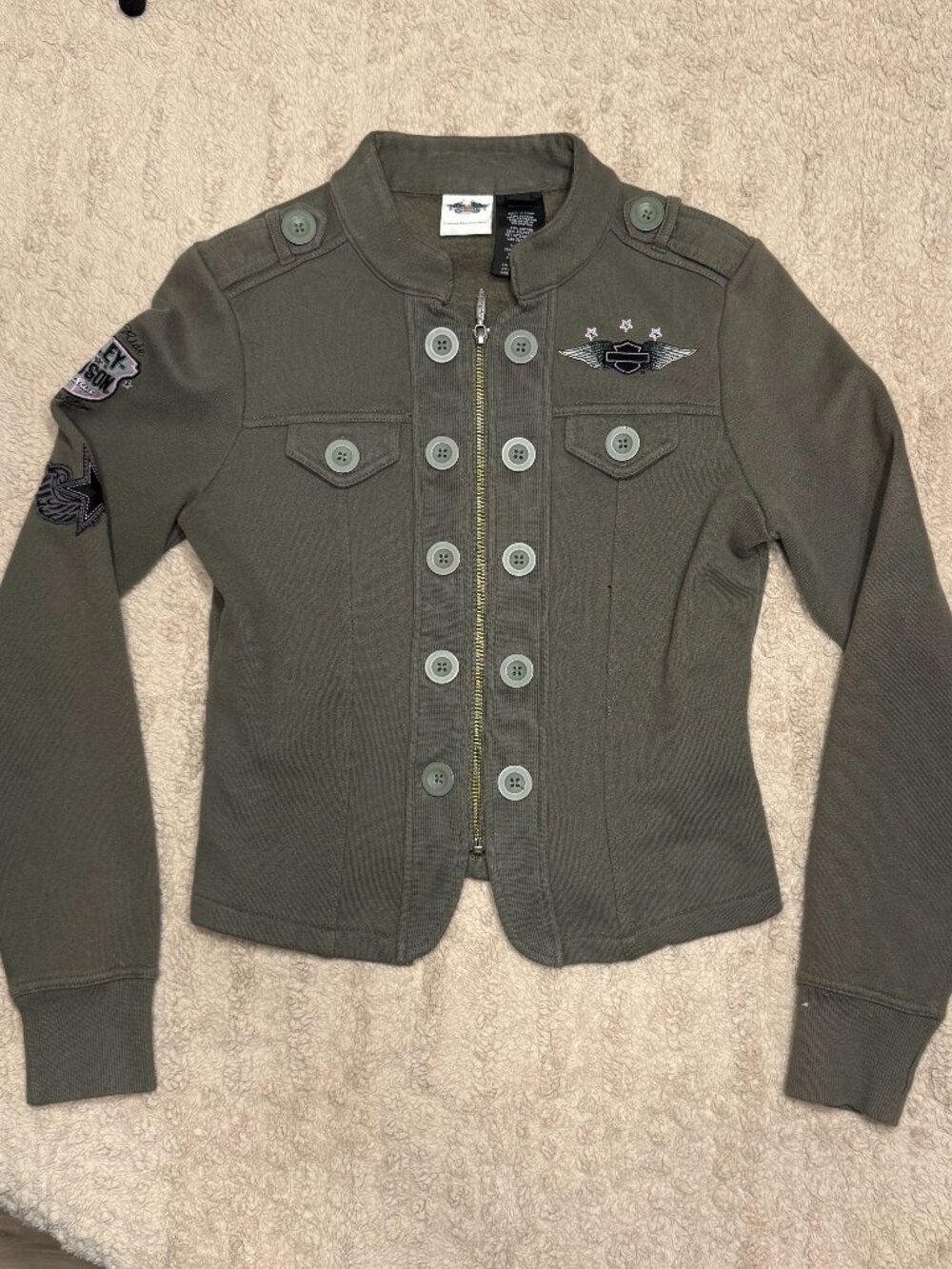 Authentic Harley-Davidson olive green military-style jacket w patches